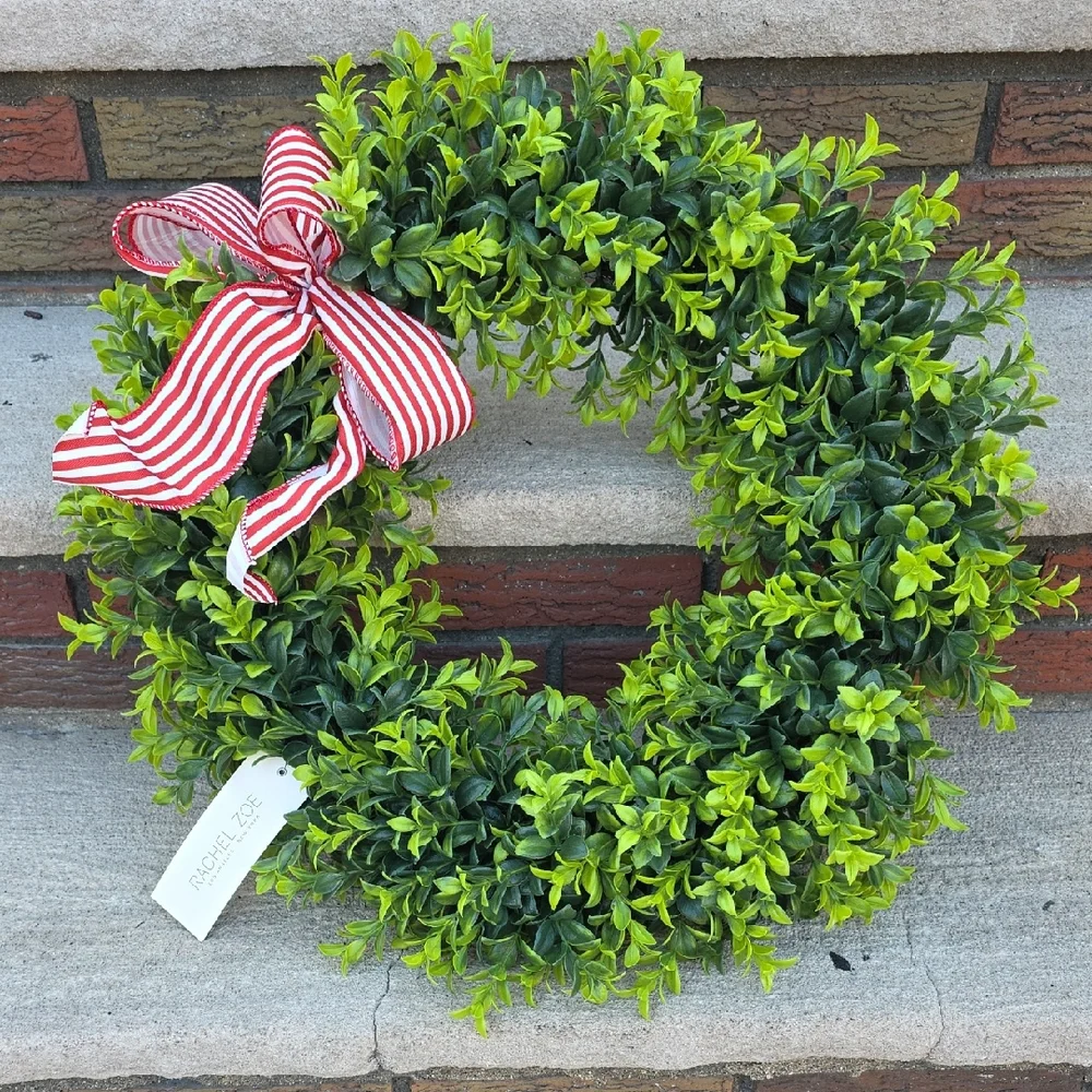 Rachel Zoe Green Wreath with Red Striped Ribbon NWT